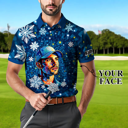 Custom Face Golf Polo Shirt – Personalized Christmas Golf Shirt for Him, Unique Holiday Gift for Golfer, Snowflake Design Golf Apparel Style 7