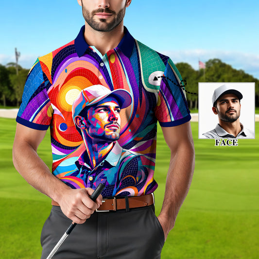 Men's Custom Face Artistic Golf Polo Shirt, Mosaic Art Style, Unique Personalized Golf Polo For Men