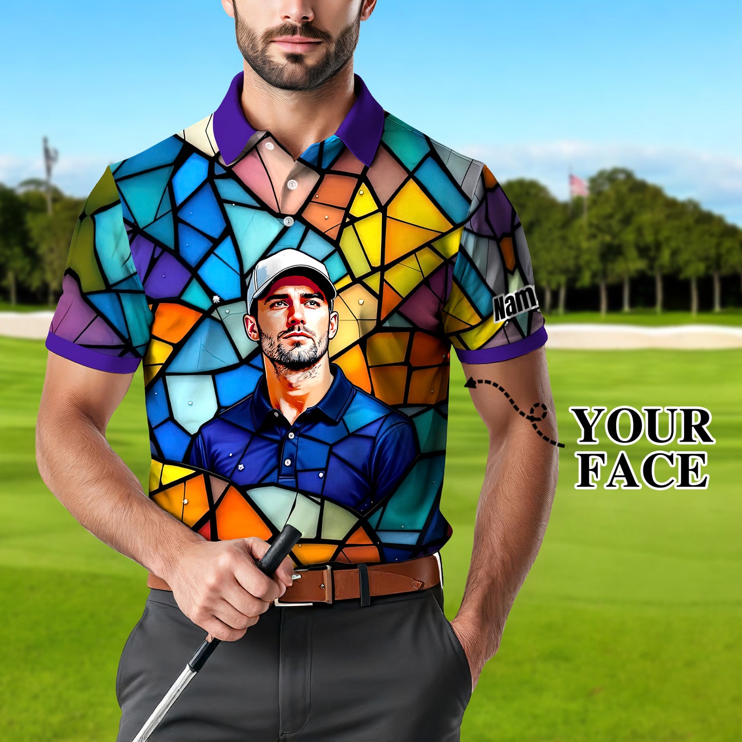 Custom Face Golf Polo Shirt – Personalized Stained Glass Art Shirt, Unique Golf Gift for Him, Colorful Abstract Golf Polo, Custom Sportswear