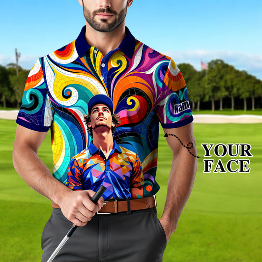 Men's Custom Face Artistic Golf Polo Shirt, Mosaic Art Style, Unique Personalized Golf Polo For Men