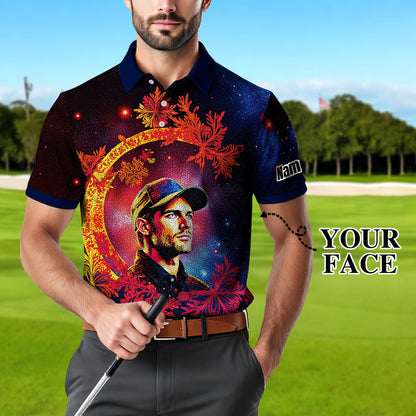 Custom Face Golf Polo Shirt – Personalized Christmas Golf Shirt for Him, Unique Holiday Gift for Golfer, Snowflake Design Golf Apparel Style 11
