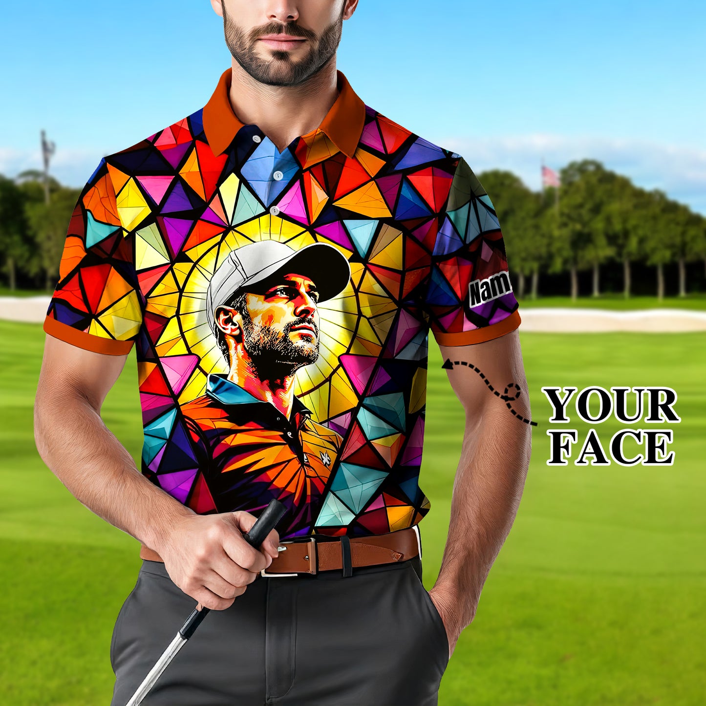 HomyGifts Men's Customized Face Artistic Golf Polo Shirt, Angular Geometric Glass Pattern, Stained-Glass Mosaic Print, Personalized Sublimation Golf Shirt, Vibrant Geometric Portrait Tee