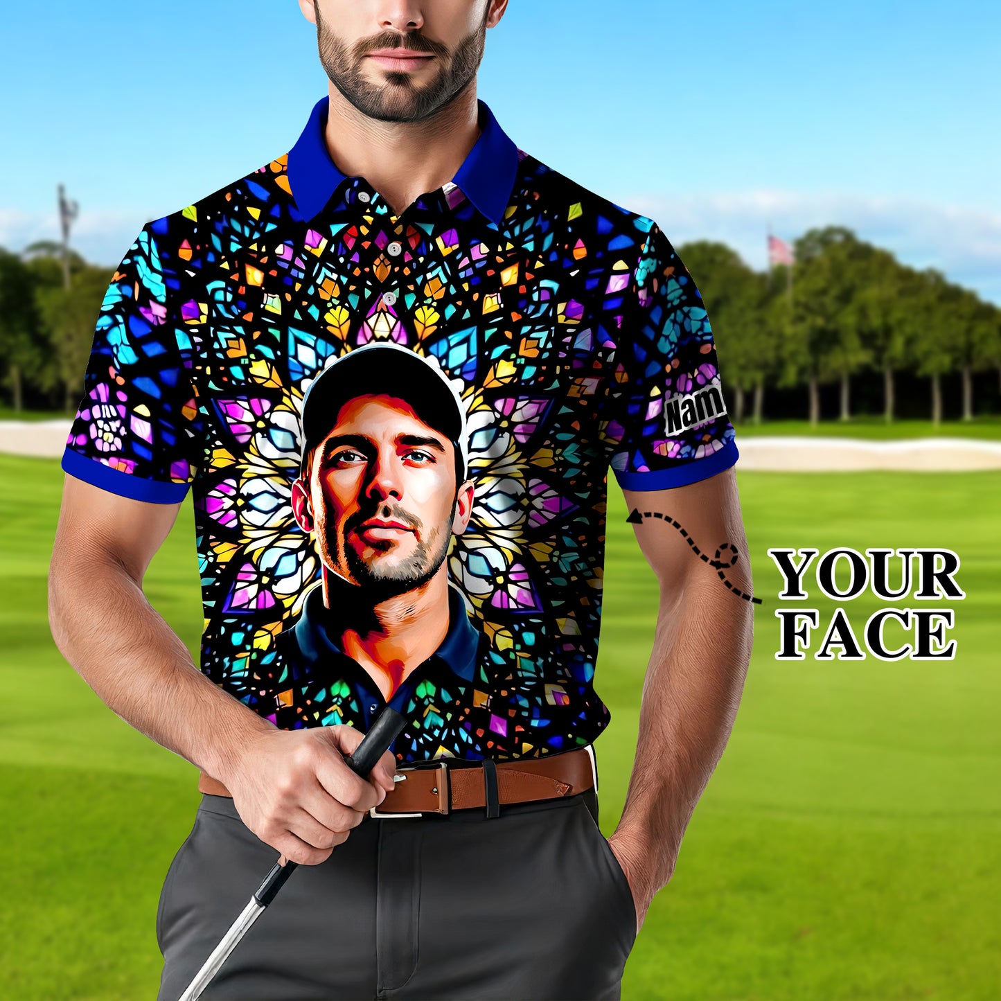 Custom Face Golf Polo Shirt – Personalized Stained Glass Mandala Style Polo, Unique Gift for Men & Women, Vibrant Artistic Golf Shirt, Custom Photo Polo