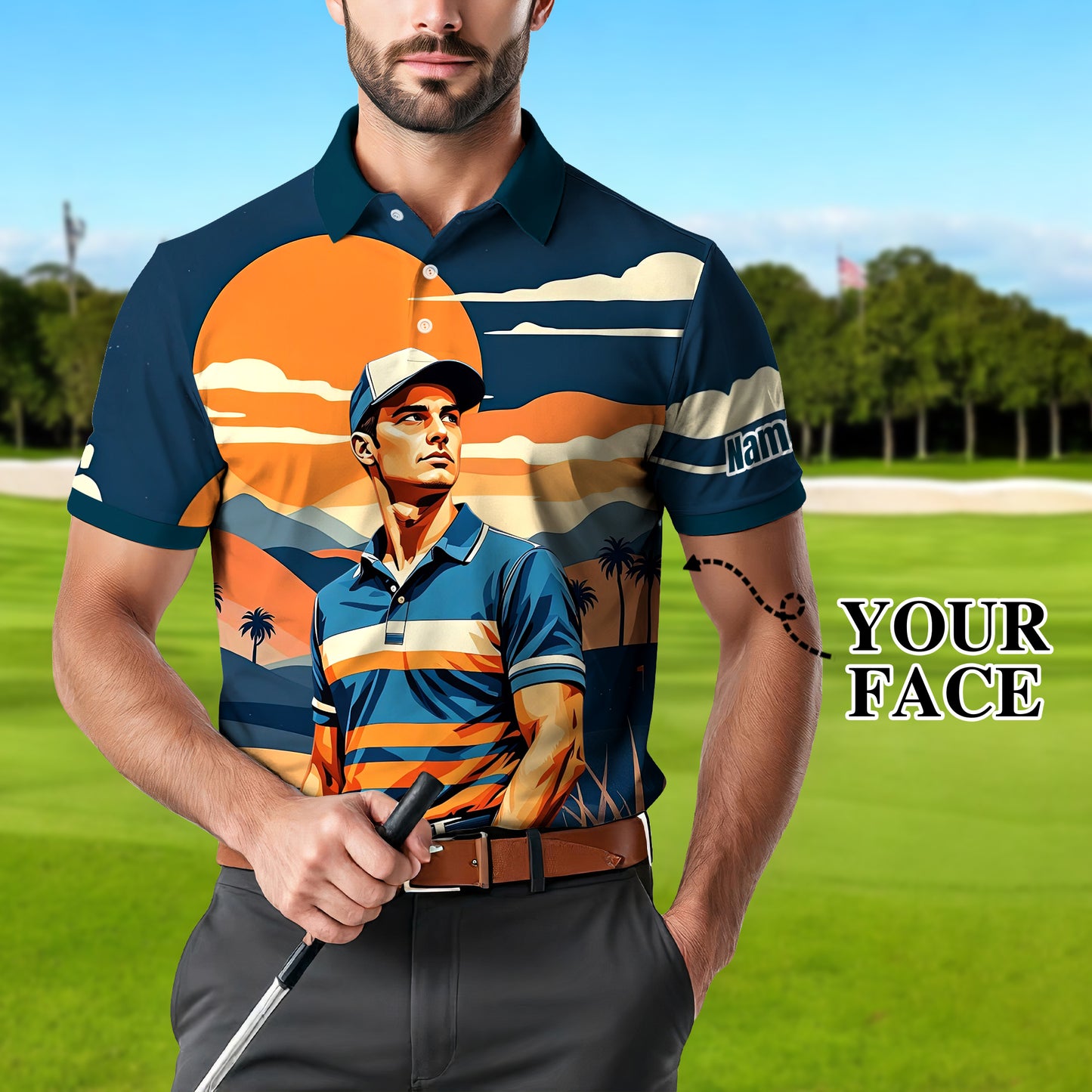 Custom Vintage Americana Golf Polo with Your Face - Retro Personalized Gift for Men Style 3