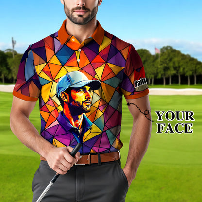 Angular Geometric Glass Pattern Custom Face Polo — Stained-Glass Mosaic Print, Personalized Sublimation Golf Shirt, Vibrant Geometric Portrait Tee