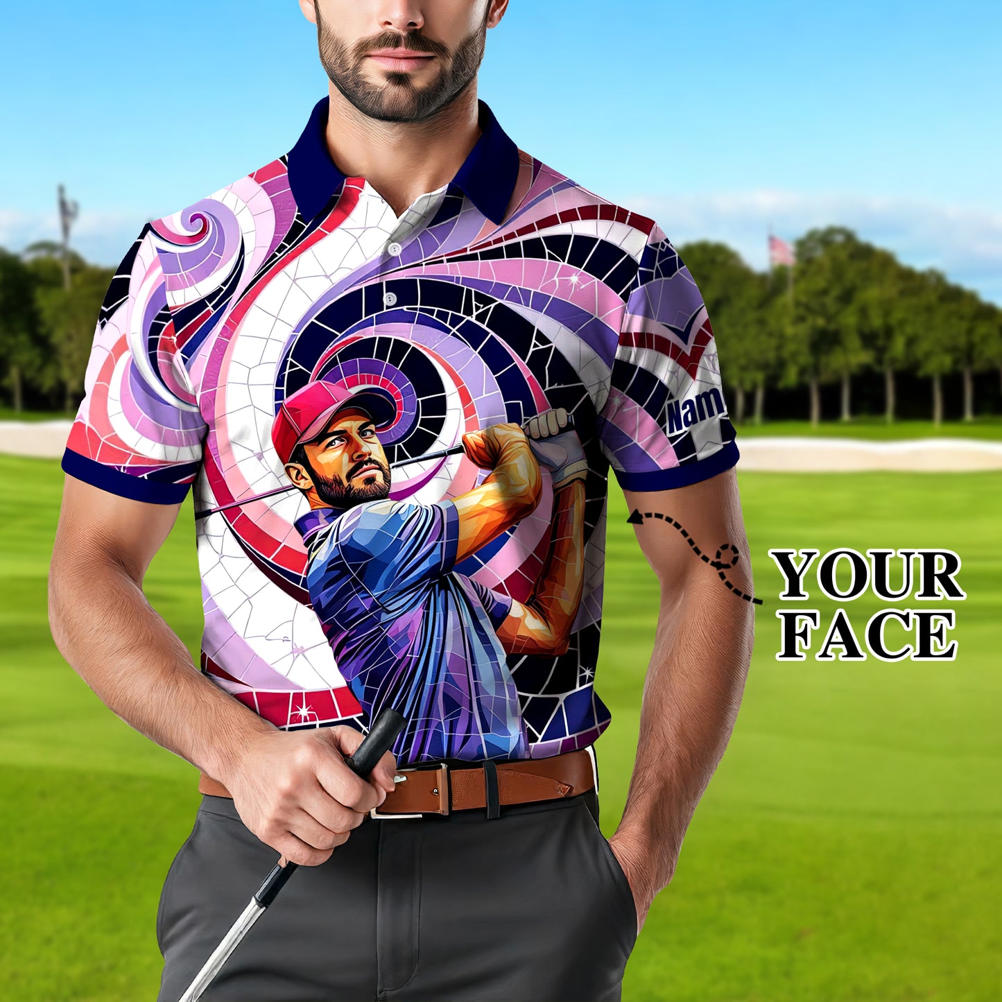 HomyGifts Men's Customized Face Artistic Golf Polo Shirt, Mosaic Art Style, Unique Personalized Golf Polo For Men Style 7