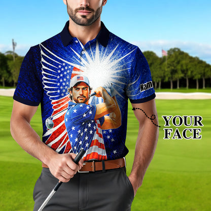 Custom Face Patriotic Golf Polo Shirt – Personalized USA Flag Design – American Pride Gift for Him – Mosaic Art Golf Shirt Style 3