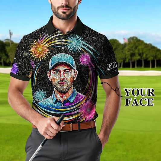 Custom Face Golf Polo Shirt – New Year Fireworks Edition | Personalized Golf Polo | Unique Holiday Gift for Him 2025 Style 5