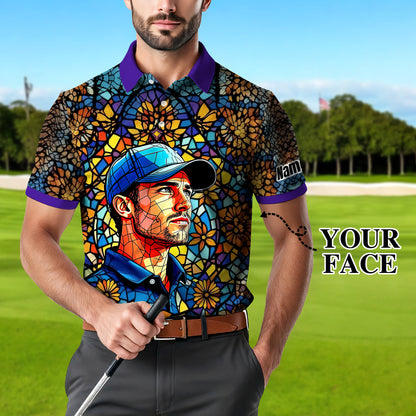 Custom Face Golf Polo Shirt – Personalized Stained Glass Art Shirt, Unique Golf Gift for Him, Colorful Abstract Golf Polo, Custom Sportswear