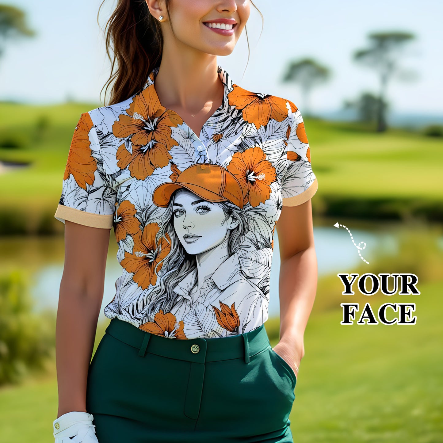 Women’s Custom Face Hibiscus Polo Shirt – Personalized Tropical Floral Polo, Unique Gift for Her, Stylish Custom Golf & Casual Wear Style 2