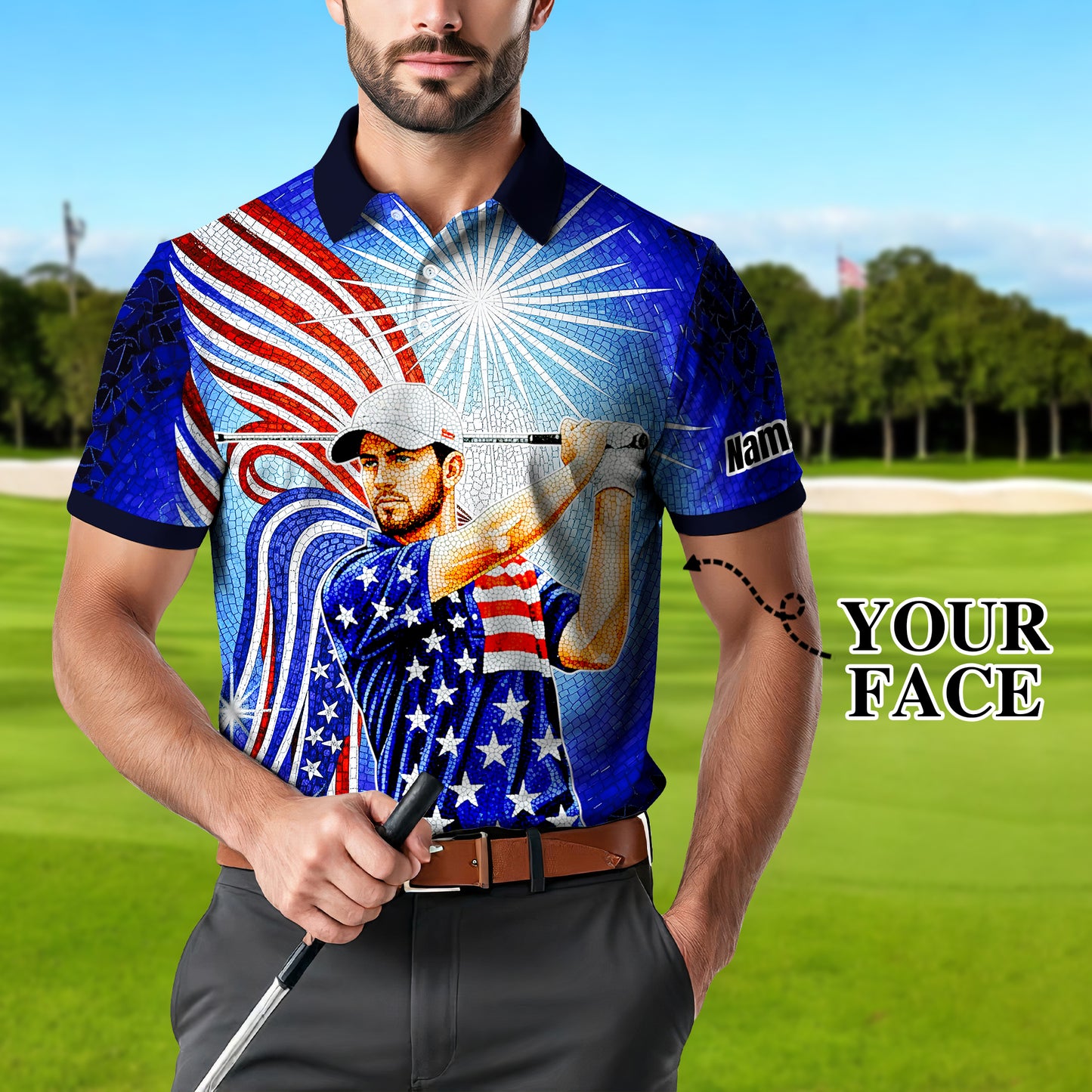 Custom Face Patriotic Golf Polo Shirt – Personalized USA Flag Design – American Pride Gift for Him – Mosaic Art Golf Shirt Style 5
