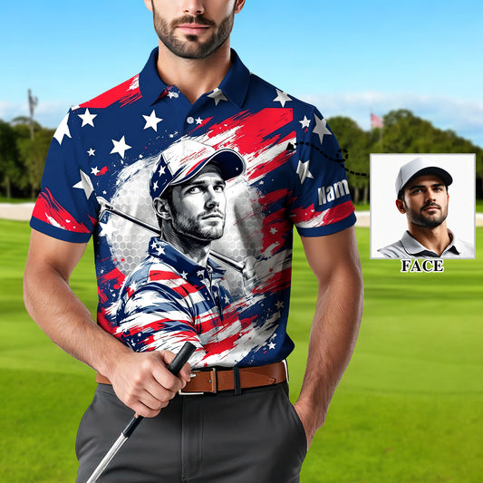 Men's Patriotic Custom Face Golf Polo Shirt - American Flag Design