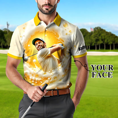 HomyGifts Men's Customized Face Artistic Golf Polo Shirt, Beer pattern Design, Special Gift for Beer & Golf Lovers, Summer Party Outfit, Unique Gift for Men Style 12