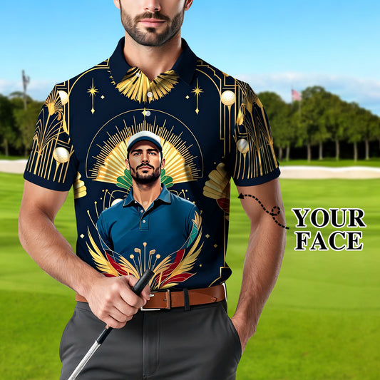 Custom Face Golf Polo Shirt – Swing in Gold Art Deco Revival Style | Personalized Golf Shirt for Men