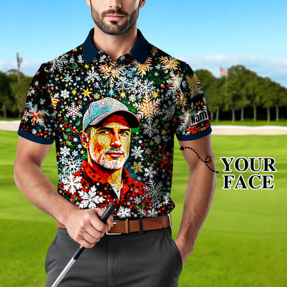 Personalized Christmas Golf Polo Shirt with Your Face – Custom Photo Holiday Shirt – Unique Mosaic Art Xmas Gift for Men, Custom Golf Apparel Style 2