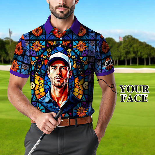 Custom Face Golf Polo Shirt – Personalized Stained Glass Art Shirt, Unique Golf Gift for Him, Colorful Abstract Golf Polo, Custom Sportswear