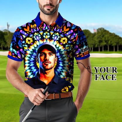 Custom Face Golf Polo Shirt – Personalized Stained Glass Mandala Style Polo, Unique Gift for Men & Women, Vibrant Artistic Golf Shirt, Custom Photo Polo