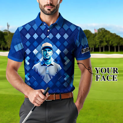 Custom Face Polo Shirt – Geometric Diamond Pattern | Personalized Photo Golf Polo | Unique Gift for Him, Retro Geometric Style Shirt Style 2