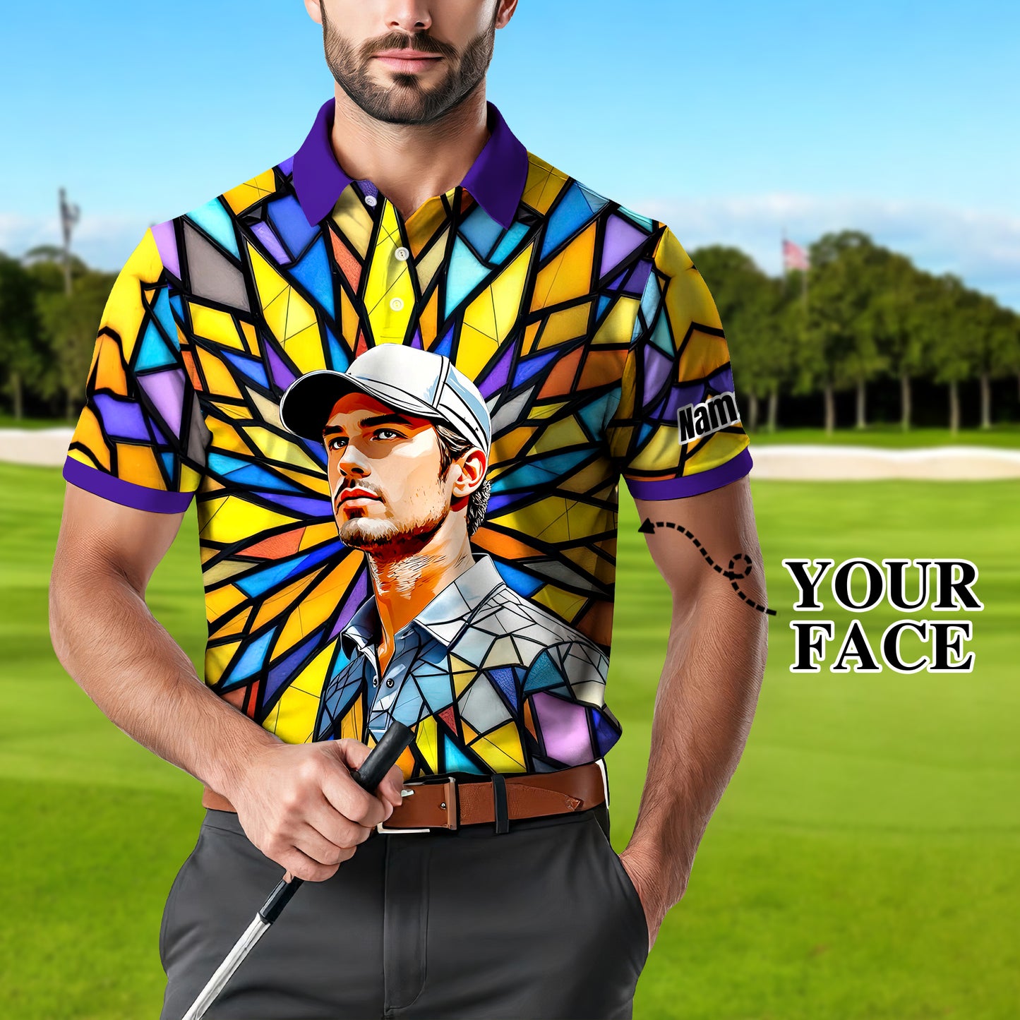 Custom Face Golf Polo Shirt – Personalized Stained Glass Art Shirt, Unique Golf Gift for Him, Colorful Abstract Golf Polo, Custom Sportswear