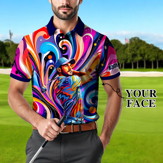 Men's Custom Face Artistic Golf Polo Shirt, Mosaic Art Style, Unique Personalized Golf Polo For Men