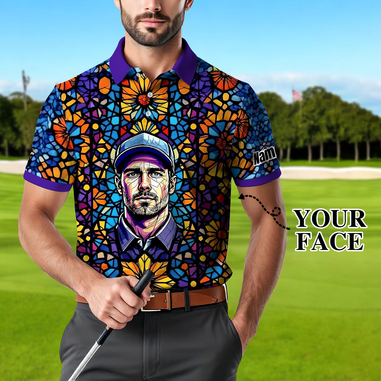Custom Face Golf Polo Shirt – Personalized Stained Glass Art Shirt, Unique Golf Gift for Him, Colorful Abstract Golf Polo, Custom Sportswear