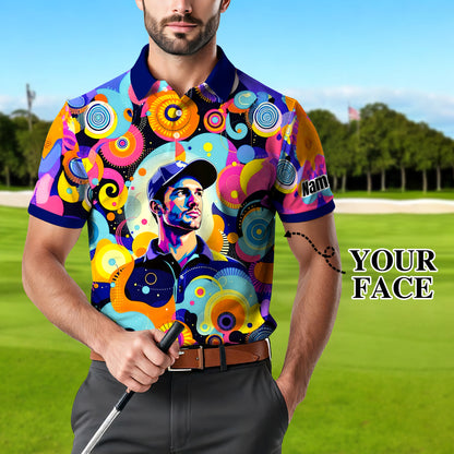 HomyGifts Custom Face Polo Shirt – Personalized Abstract Geometric Art Photo Shirt, Unique Gift for Him & Her