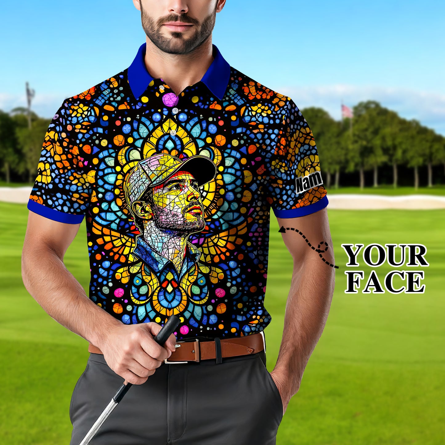 Custom Face Golf Polo Shirt – Personalized Stained Glass Mandala Style Polo, Unique Gift for Men & Women, Vibrant Artistic Golf Shirt, Custom Photo Polo