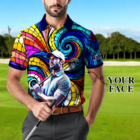 Men's Custom Face Artistic Golf Polo Shirt, Mosaic Art Style, Unique Personalized Golf Polo For Men