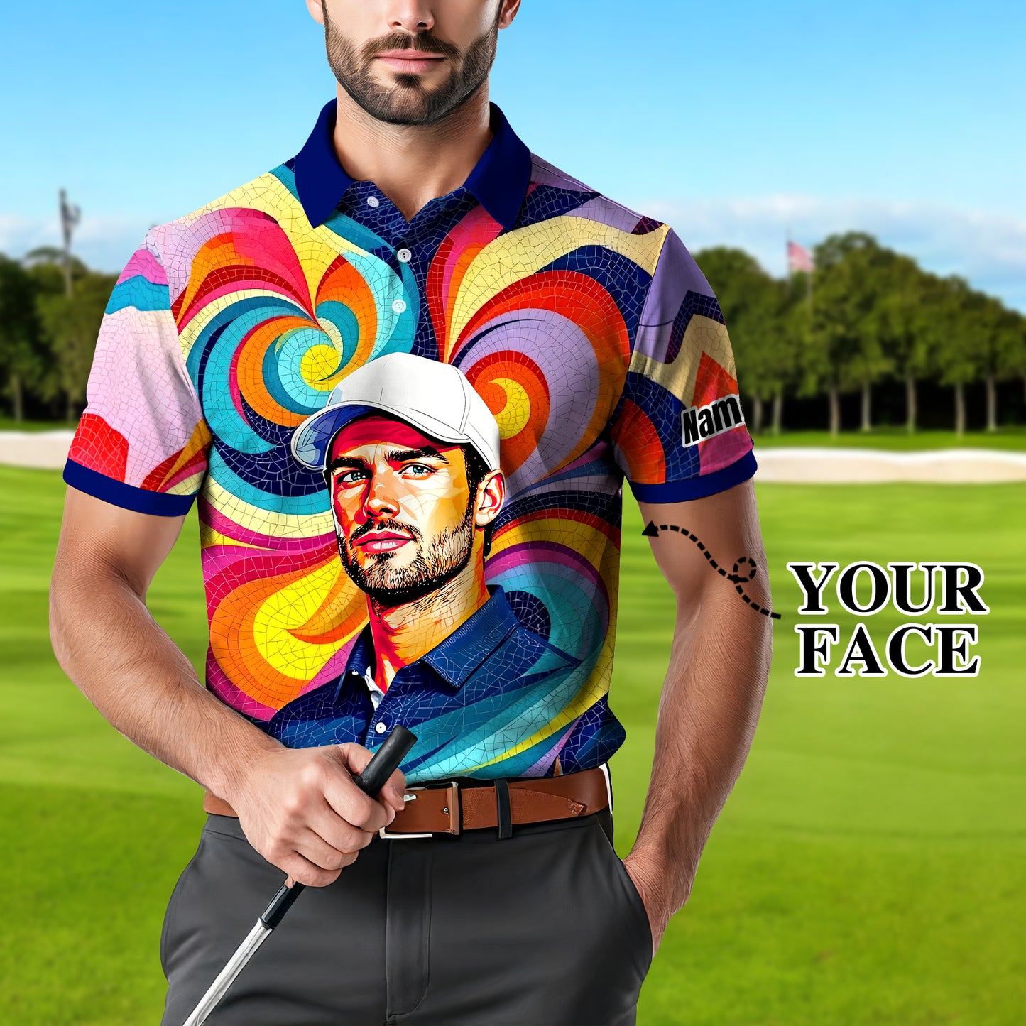 Personalized Mosaic Portrait Polo — Custom Face Mosaic Art Style Shirt Style 12