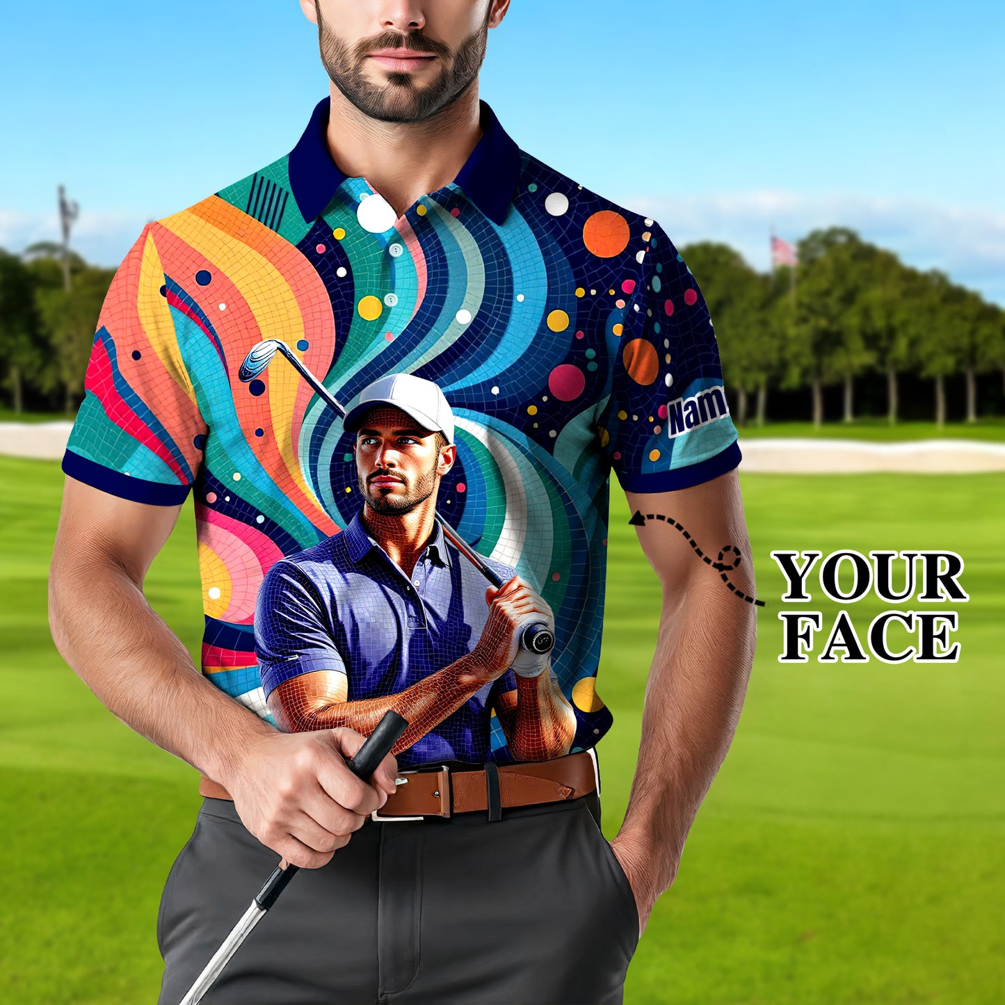 HomyGifts Men's Customized Face Artistic Golf Polo Shirt, Mosaic Art Style, Unique Personalized Golf Polo For Men Style 16