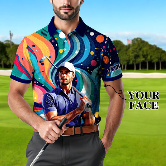 Men's Custom Face Artistic Golf Polo Shirt, Mosaic Art Style, Unique Personalized Golf Polo For Men