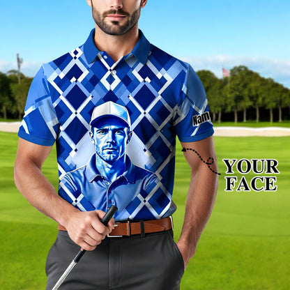 Custom Face Polo Shirt – Geometric Diamond Pattern | Personalized Photo Golf Polo | Unique Gift for Him, Retro Geometric Style Shirt Style 9