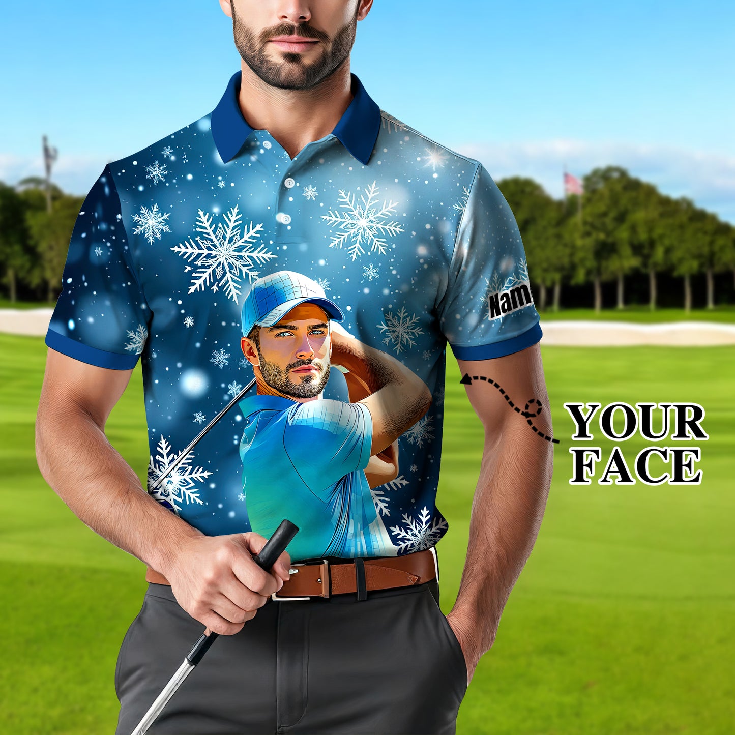 Custom Face Golf Polo Shirt – Personalized Christmas Golf Shirt for Him, Unique Holiday Gift for Golfer, Snowflake Design Golf Apparel Style 1