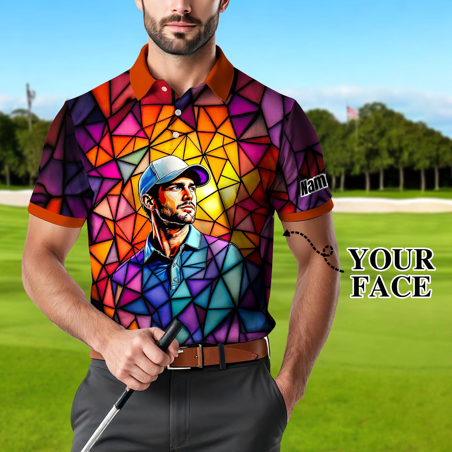 HomyGifts Men's Customized Face Artistic Golf Polo Shirt, Angular Geometric Glass Pattern, Stained-Glass Mosaic Print, Personalized Sublimation Golf Shirt, Vibrant Geometric Portrait Tee