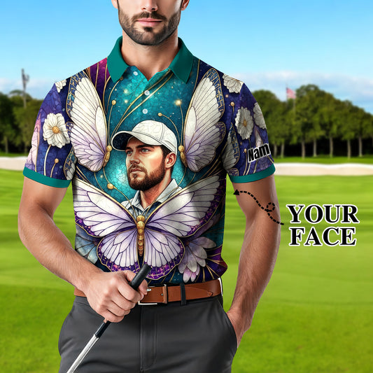 Custom Face Butterfly Golf Polo Shirt – Personalized Spring Mirage Art Style – Unique Gift for Him, Nature Inspired Men's Shirt Style 7