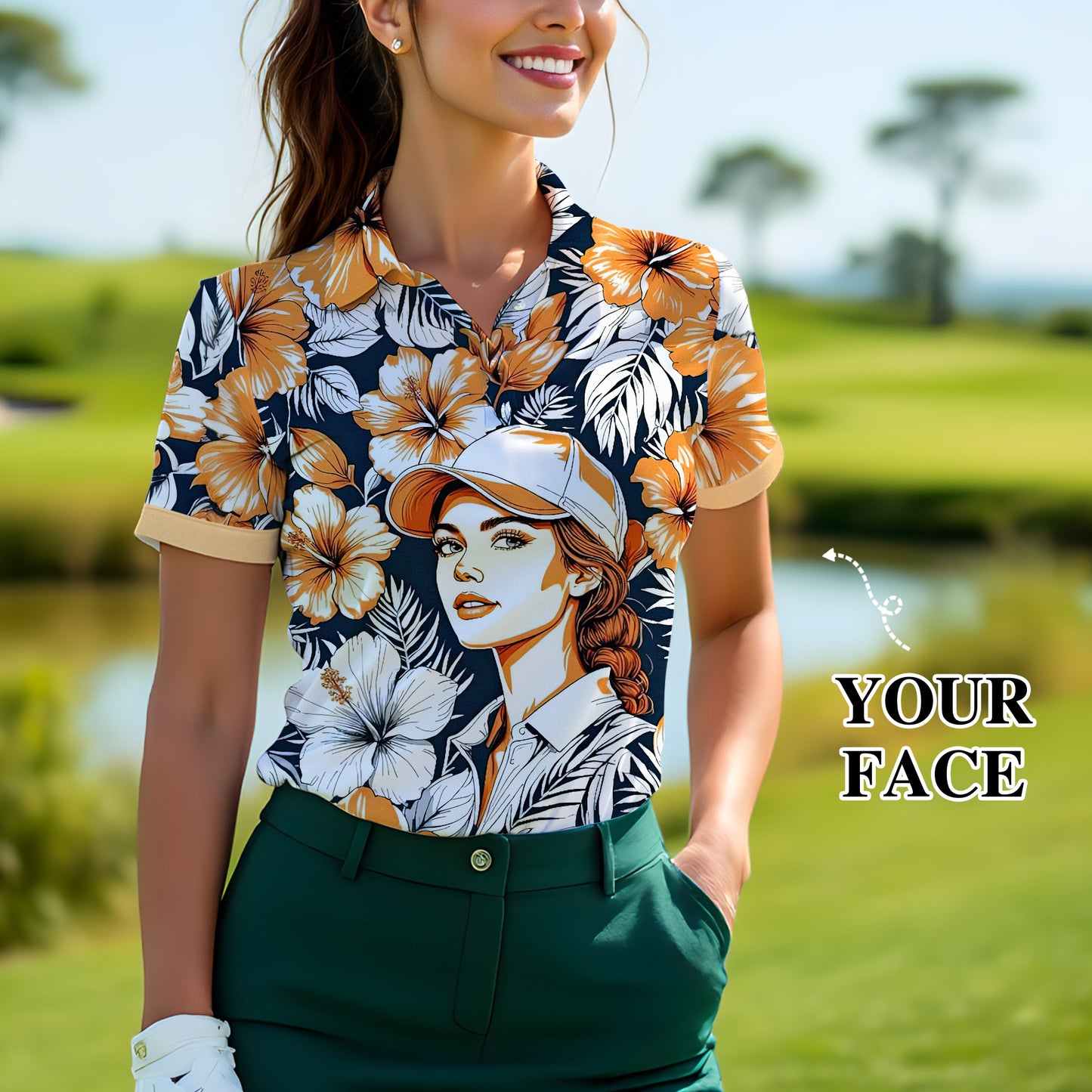 Women’s Custom Face Hibiscus Polo Shirt – Personalized Tropical Floral Polo, Unique Gift for Her, Stylish Custom Golf & Casual Wear Style 7
