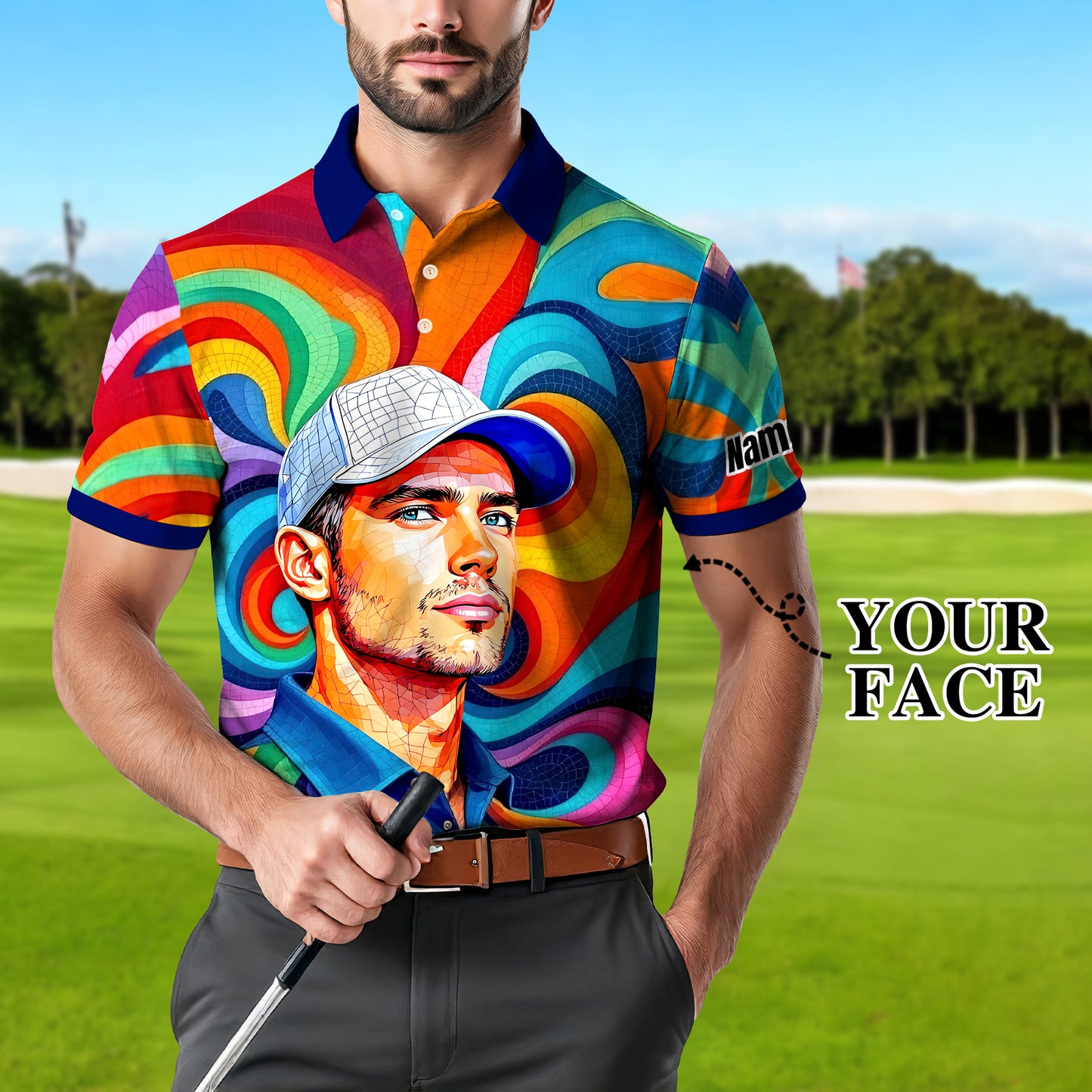 Personalized Mosaic Portrait Polo — Custom Face Mosaic Art Style Shirt Style 14