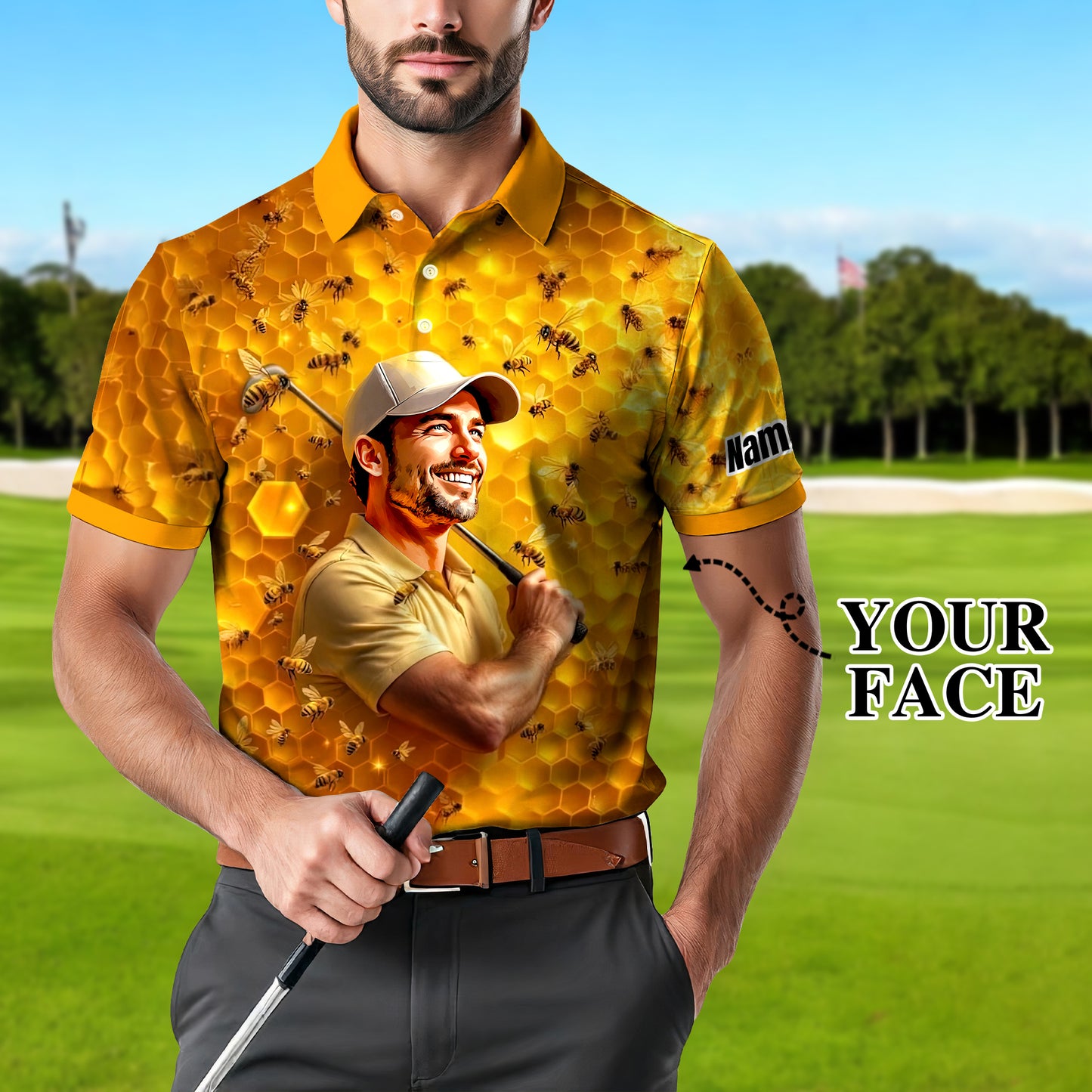HomyGifts Men's Customized Face Artistic Golf Polo Shirt, Personalized Bee & Honeycomb Polo Shirt with Face, Funny Honey Lover Outfit, Summer Polo for Men Style 5