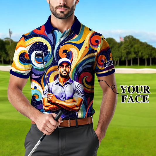 Men's Custom Face Artistic Golf Polo Shirt, Mosaic Art Style, Unique Personalized Golf Polo For Men