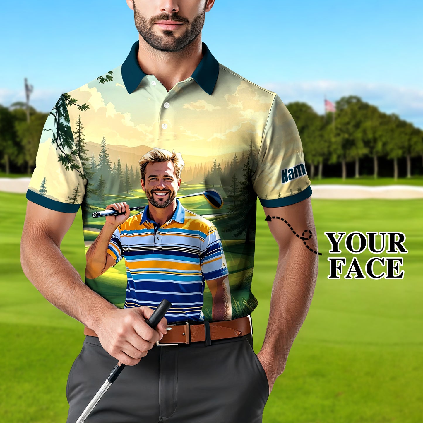 Custom Vintage Americana Golf Polo with Your Face - Retro Personalized Gift for Men Style 11