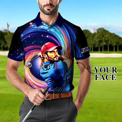 HomyGifts Men's Customized Face Artistic Golf Polo Shirt, Mosaic Art Style, Unique Personalized Golf Polo For Men Style 21