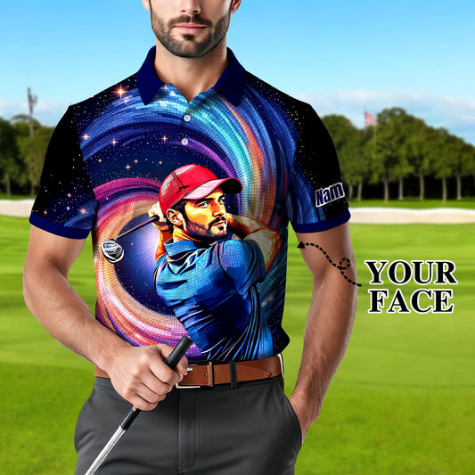 Men's Custom Face Artistic Golf Polo Shirt, Mosaic Art Style, Unique Personalized Golf Polo For Men