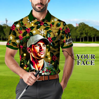 Custom Face Golf Polo Shirt – Personalized Christmas Golf Shirt for Him, Unique Holiday Gift for Golfer, Snowflake Design Golf Apparel Style 17