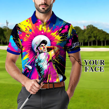 HomyGifts Men's Customized Face Artistic Golf Polo Shirt, Personalized Pop Art Golf Polo, Portrait Gift for Golfers Style 18