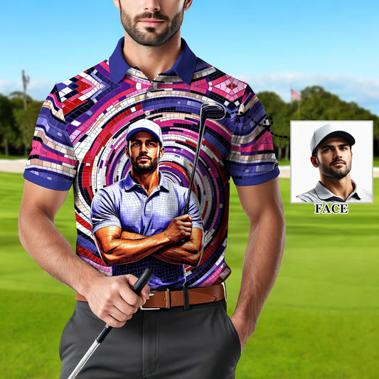 Men's Custom Face Artistic Golf Polo Shirt, Mosaic Art Style, Unique Personalized Golf Polo For Men