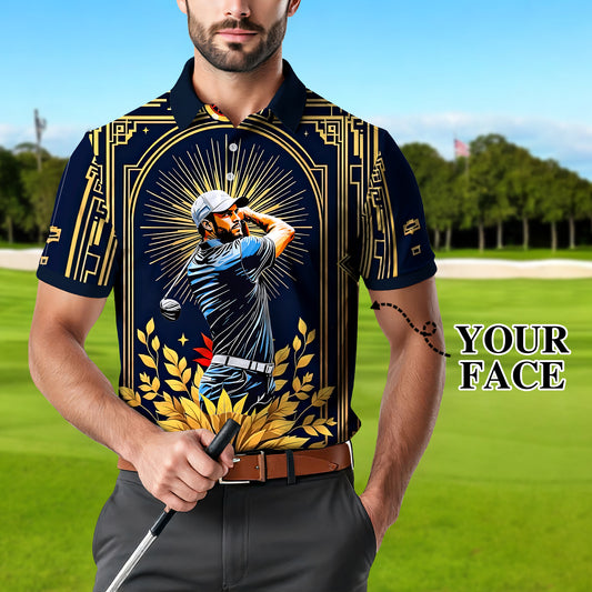 Custom Face Golf Polo Shirt – Swing in Gold Art Deco Revival Style | Personalized Golf Shirt for Men