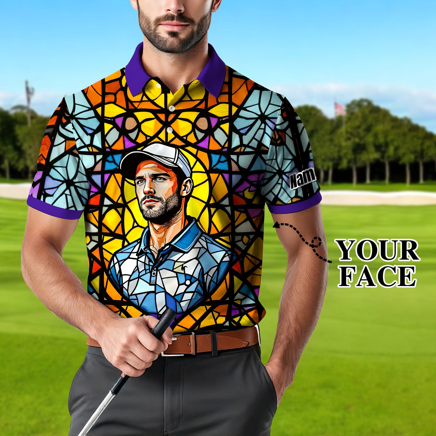 Custom Face Golf Polo Shirt – Personalized Stained Glass Art Shirt, Unique Golf Gift for Him, Colorful Abstract Golf Polo, Custom Sportswear