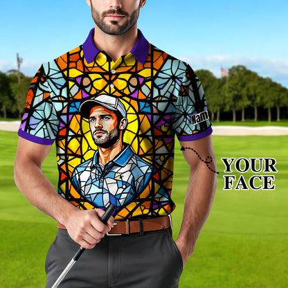 Custom Face Golf Polo Shirt – Personalized Stained Glass Art Shirt, Unique Golf Gift for Him, Colorful Abstract Golf Polo, Custom Sportswear