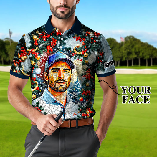 Personalized Christmas Golf Polo Shirt with Your Face – Custom Photo Holiday Shirt – Unique Mosaic Art Xmas Gift for Men, Custom Golf Apparel Style 9
