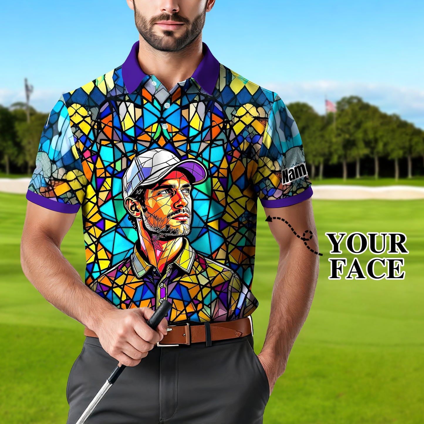 Custom Face Golf Polo Shirt – Personalized Stained Glass Art Shirt, Unique Golf Gift for Him, Colorful Abstract Golf Polo, Custom Sportswear